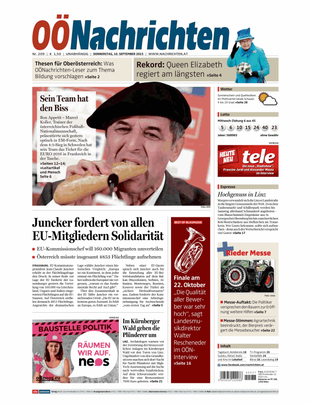 Titelseite der OÖNachrichten vom 10. September 2015.