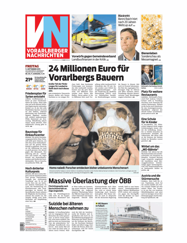 Titelseite der Vorarlberger Nachrichten vom 11. September 2015.