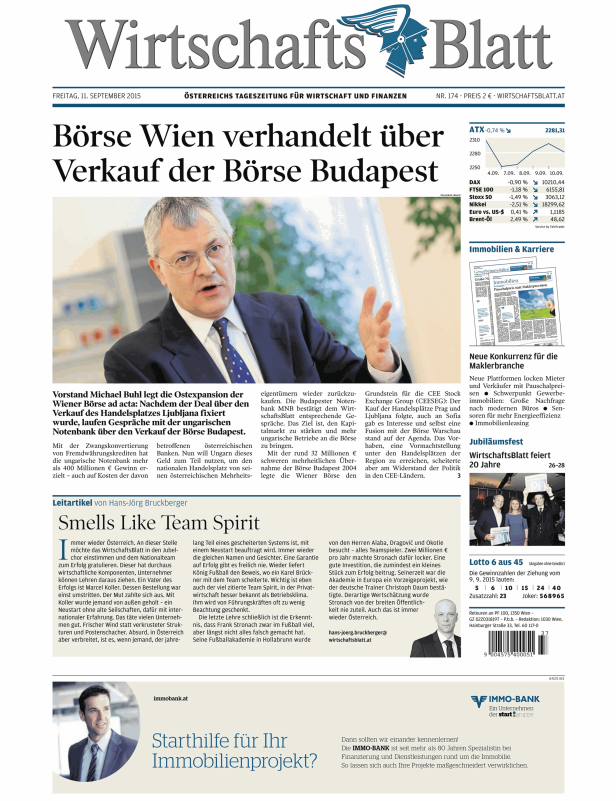 Titelseite des WirtschaftsBlatt vom 11. September 2015 mit der Schlagzeile „Börse Wien verhandelt über Verkauf der Börse Budapest“.