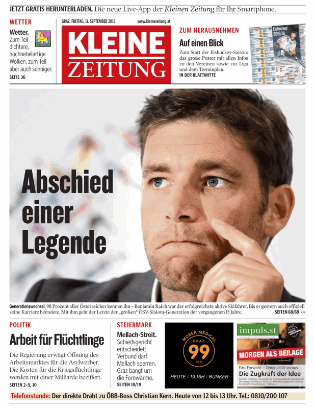 Titelseite der Kleinen Zeitung vom 11. September 2015 mit dem Abschied von Benjamin Raich als Skifahrer.