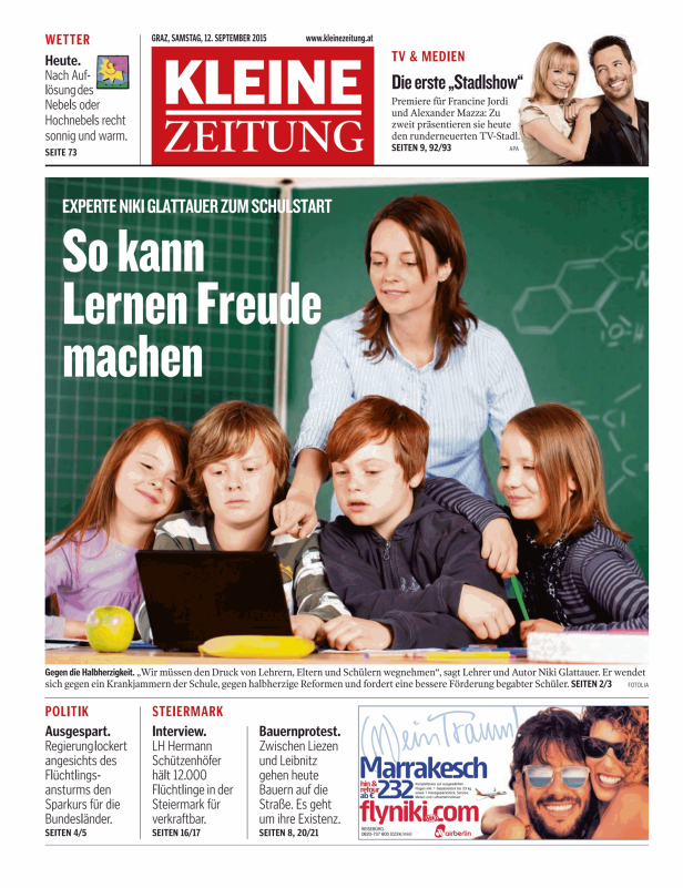 Titelseite der Kleinen Zeitung vom 12. September 2015 mit dem Thema „So kann Lernen Freude machen“.
