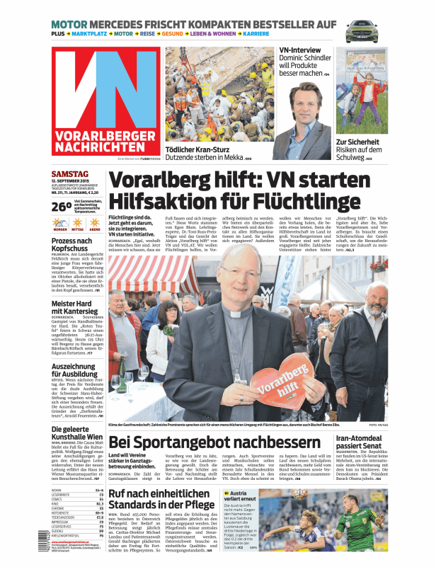 Titelseite der Vorarlberger Nachrichten vom 12. September 2015 mit dem Titel „Vorarlberg hilft: VN starten Hilfsaktion für Flüchtlinge“.