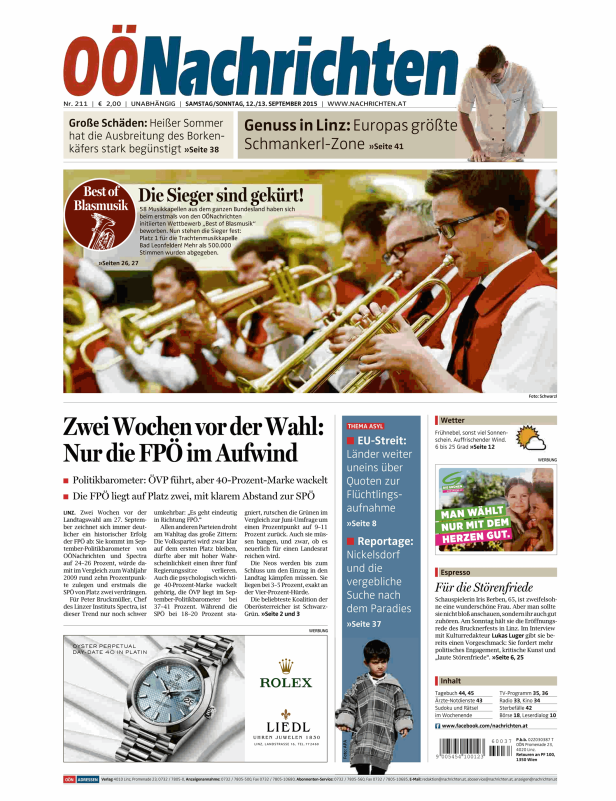 Eine Blaskapelle spielt auf der Titelseite der OÖNachrichten.