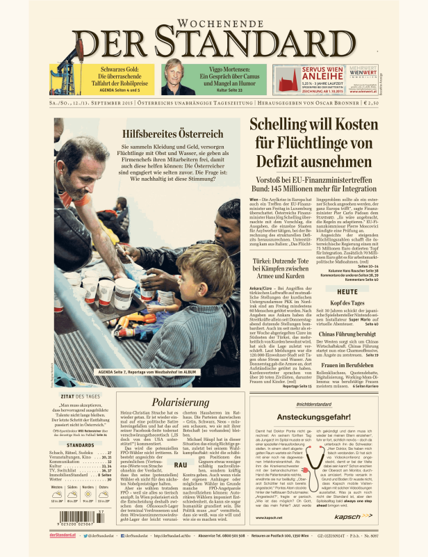 Titelseite der Zeitung „Der Standard“ vom 12./13. September 2015.