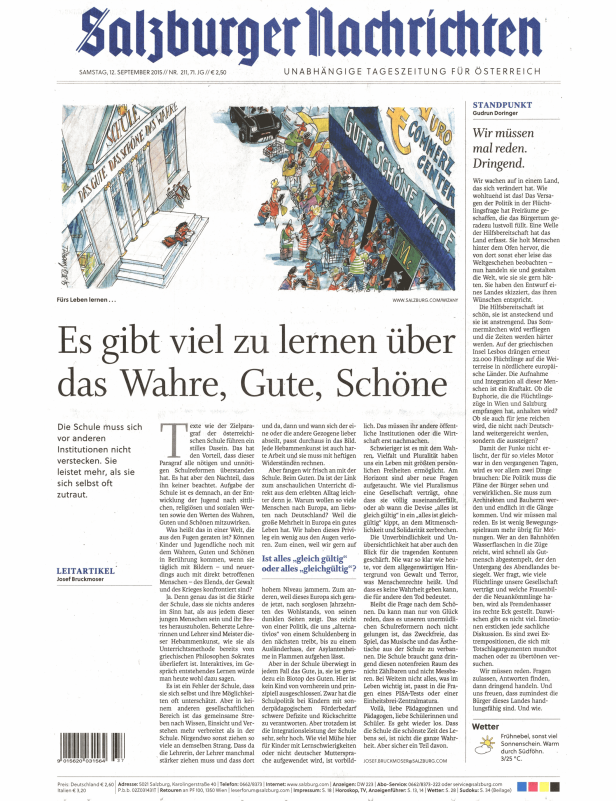 Karikatur in der „Salzburger Nachrichten“ über die Werte Wahrheit, Güte und Schönheit in der Schule.