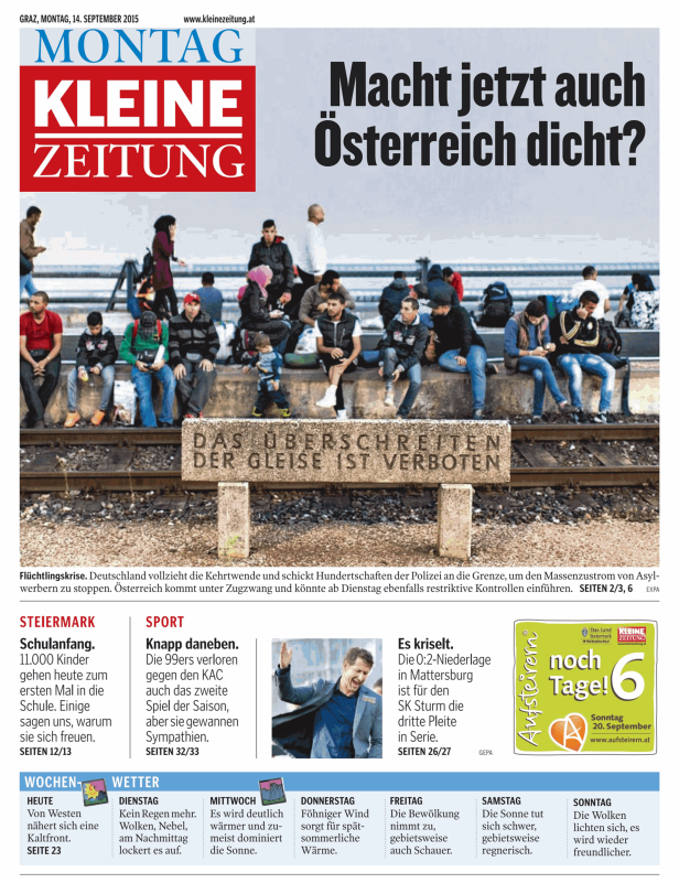 Titelseite der Kleinen Zeitung vom 14. September 2015 mit dem Titel „Macht jetzt auch Österreich dicht?“.