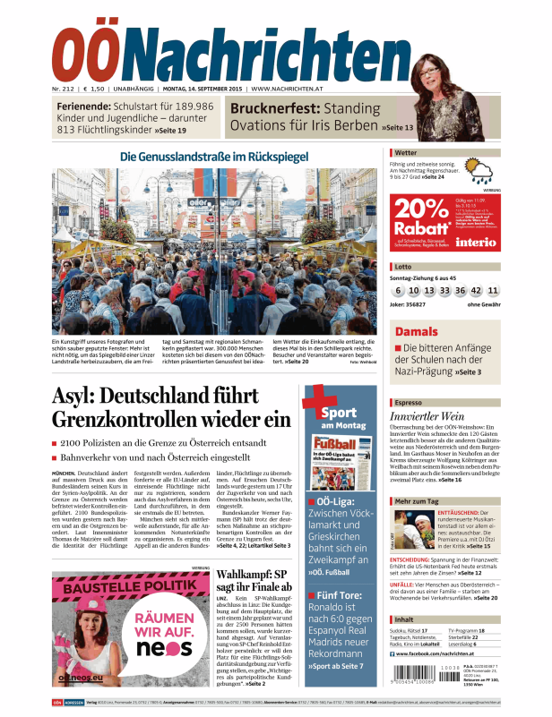 Titelseite der OÖNachrichten vom 14. September 2015 mit Artikeln zu Grenzkontrollen und dem Brucknerfest.