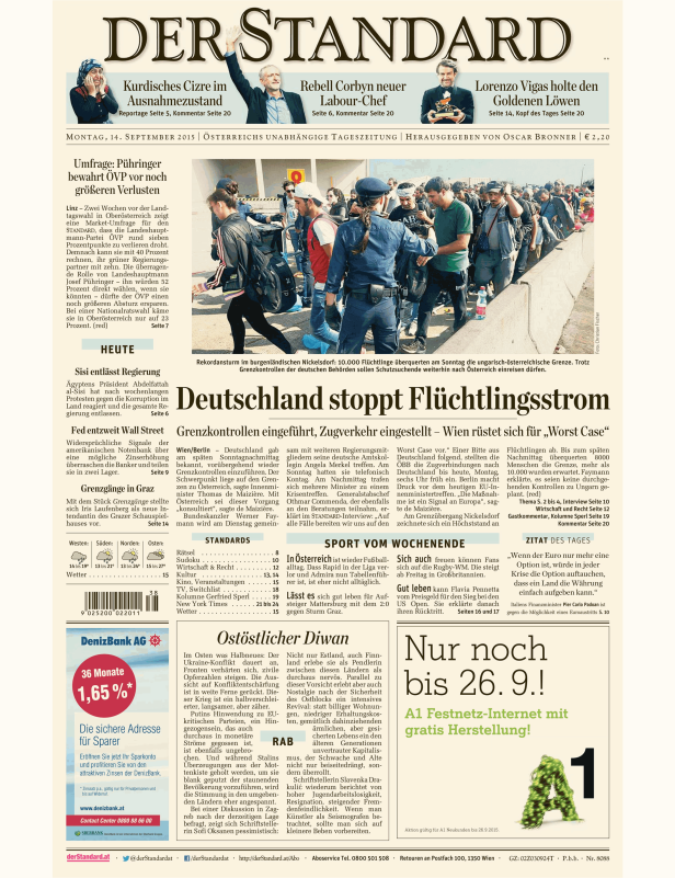 Die Titelseite der Zeitung „Der Standard“ vom 14. September 2015 zum Thema Flüchtlingsstrom.