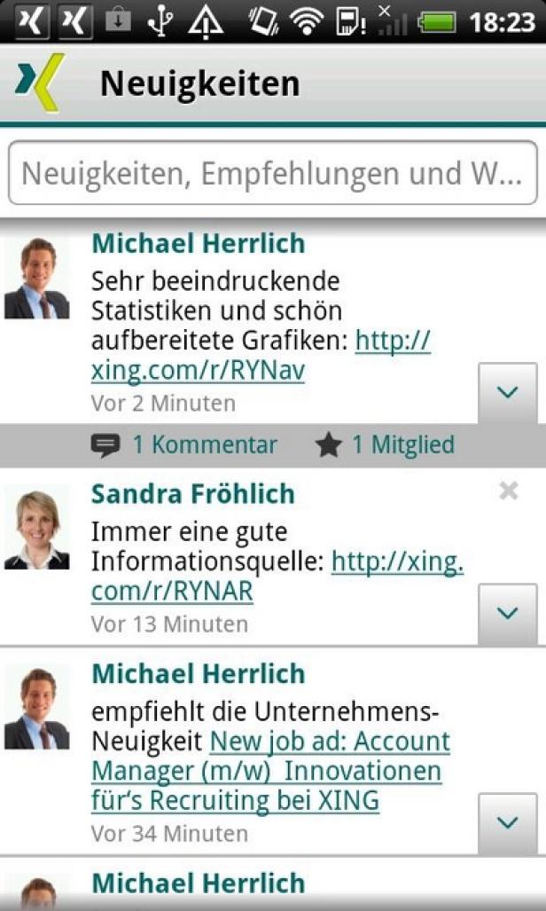 Xing - Android-App - ohne Mobile Service-Integration - Beispielbild
