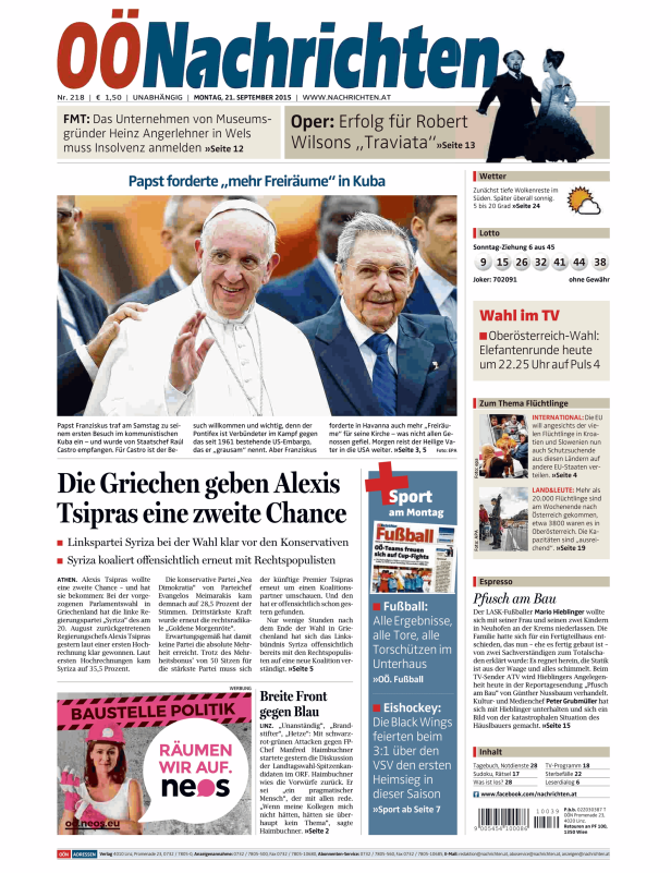 Titelseiten vom 21.09.2015