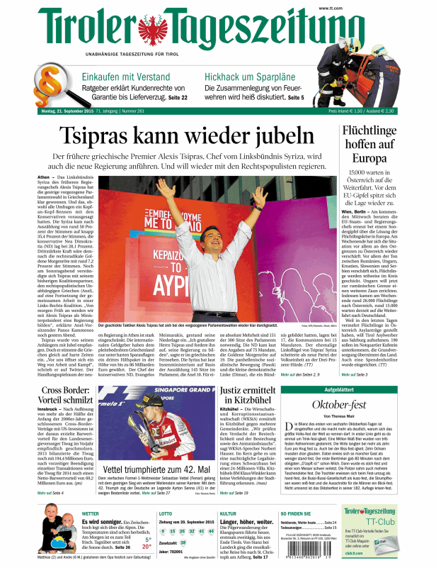 Titelseiten vom 21.09.2015
