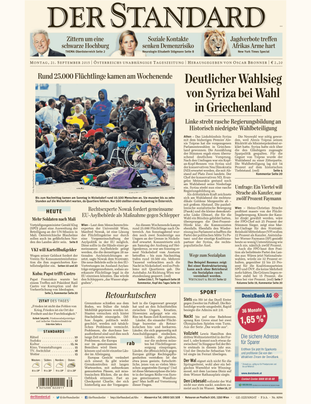 Titelseiten vom 21.09.2015