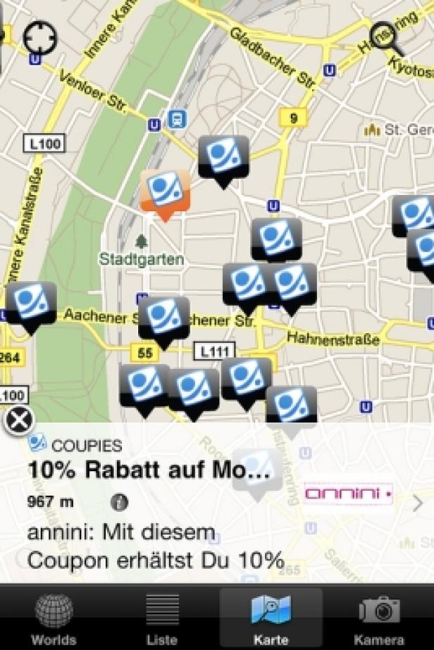 Eine Kartenansicht einer App mit verschiedenen Standorten und einem Rabattangebot für „annini“.