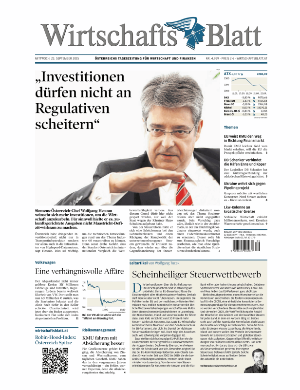 Titelseite des Wirtschaftsblatt vom 23. September 2015.