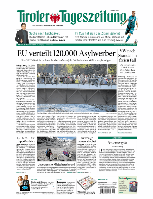 Titelseite der Tiroler Tageszeitung vom 23. September 2015.