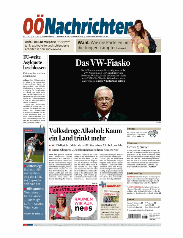 Titelseite der OÖNachrichten vom 23. September 2015 mit Artikeln zu verschiedenen Themen.