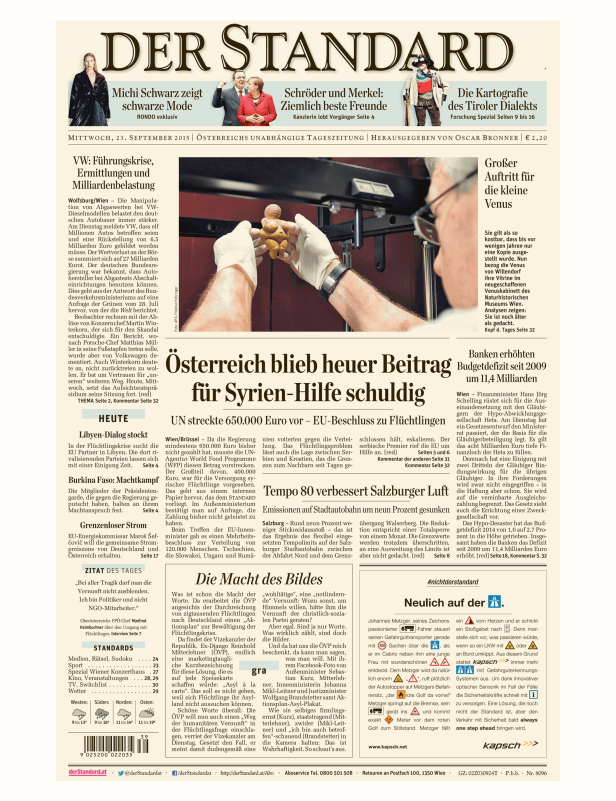 Titelseite der Zeitung „Der Standard“ vom 23. September 2015.