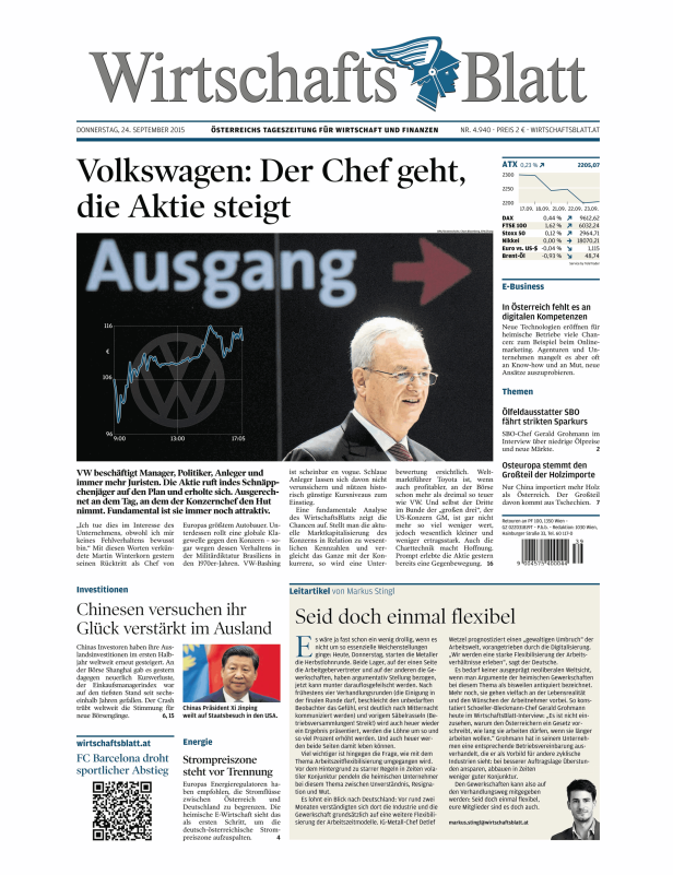 Titelseite des WirtschaftsBlatt vom 24. September 2015 mit dem Titel „Volkswagen: Der Chef geht, die Aktie steigt“.