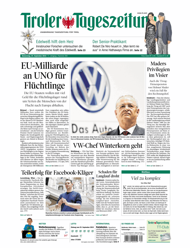 Titelseite der Tiroler Tageszeitung vom 24. September 2015.