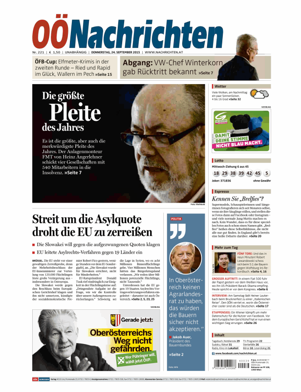 Titelseite der OÖNachrichten vom 24. September 2015 mit Schlagzeilen zu Asylpolitik und VW-Chef Winterkorn.