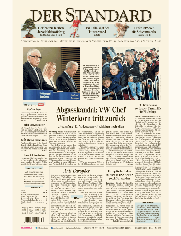 Titelseite der Zeitung Der Standard vom 24. September 2015.
