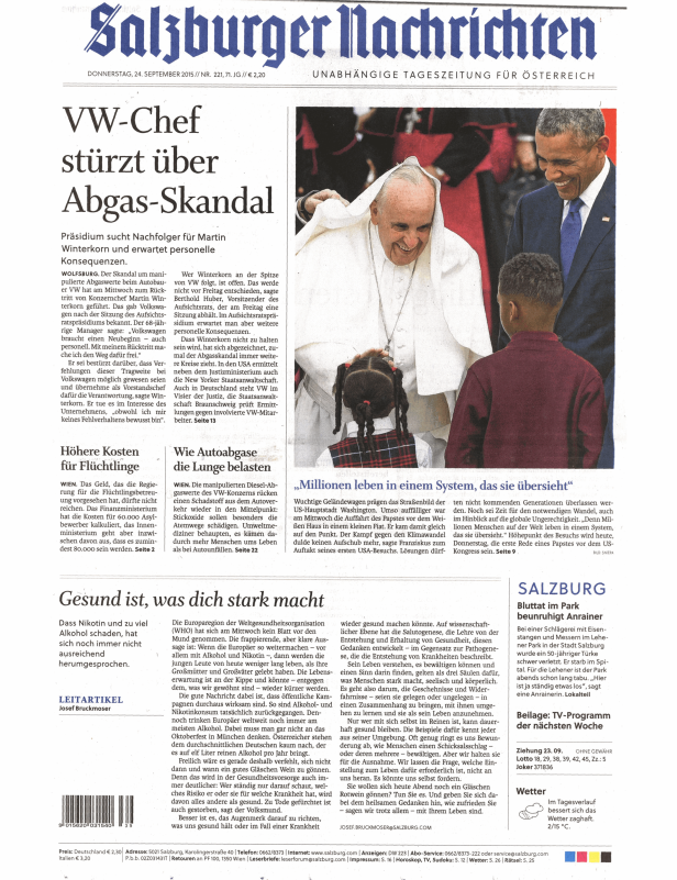 Titelseite der Salzburger Nachrichten vom 24. September 2015 mit Papst Franziskus und Barack Obama.