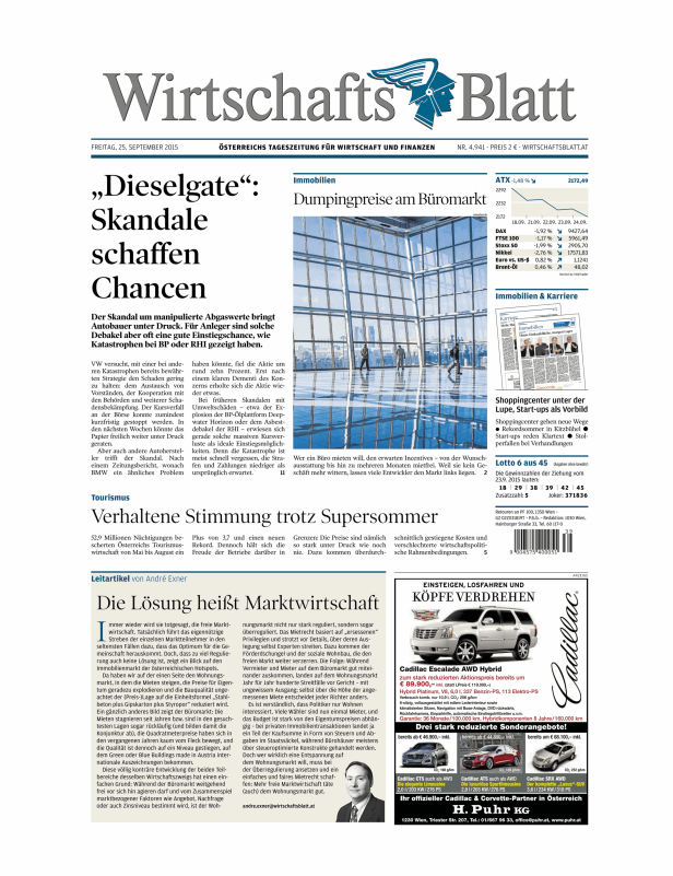 Titelseite des „Wirtschaftsblatt“ vom 25. September 2015 mit dem Titel „Dieselgate: Skandale schaffen Chancen“.