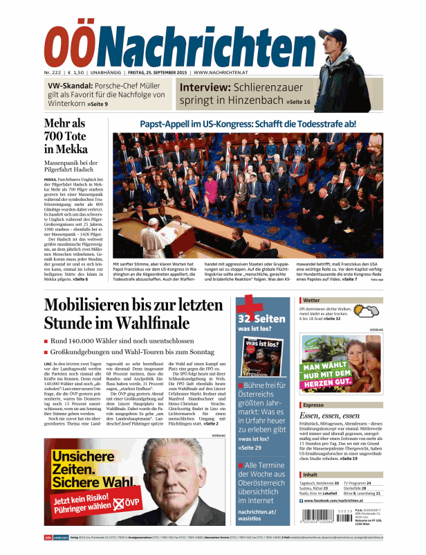 Titelseite der OÖNachrichten vom 25. September 2015 mit Papst Franziskus im US-Kongress.