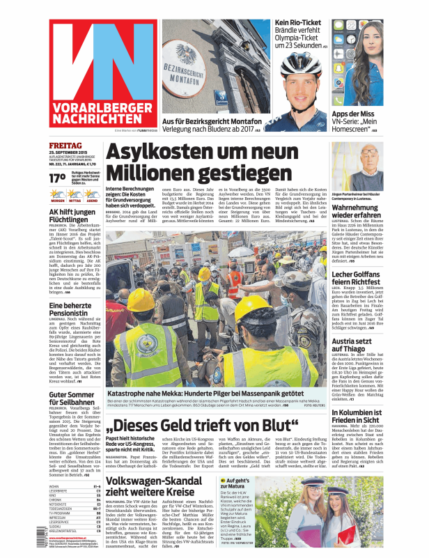 Titelseite der Vorarlberger Nachrichten vom 25. September 2015.