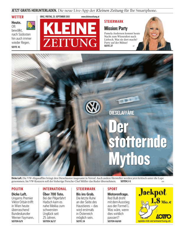 Titelseite der Kleinen Zeitung vom 25. September 2015 mit dem Titelthema „Dieselaffäre“.