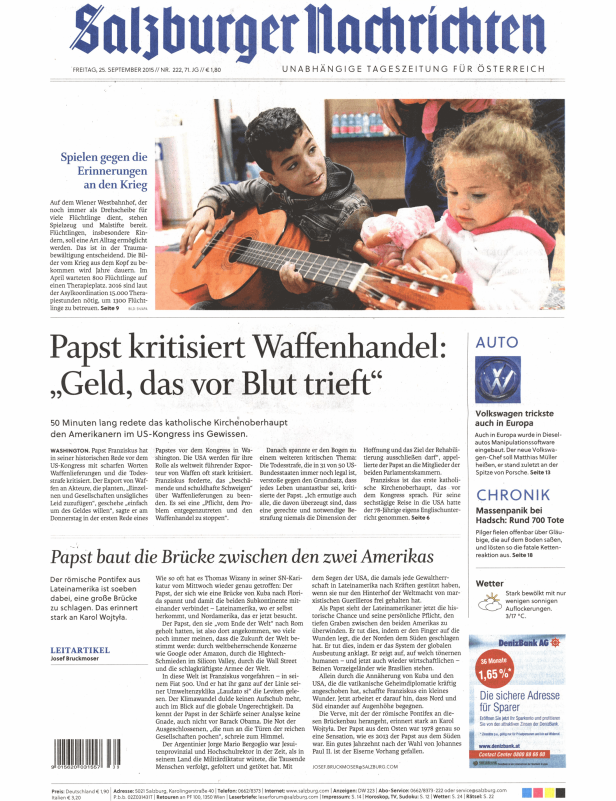 Titelseite der Salzburger Nachrichten vom 25. September 2015.