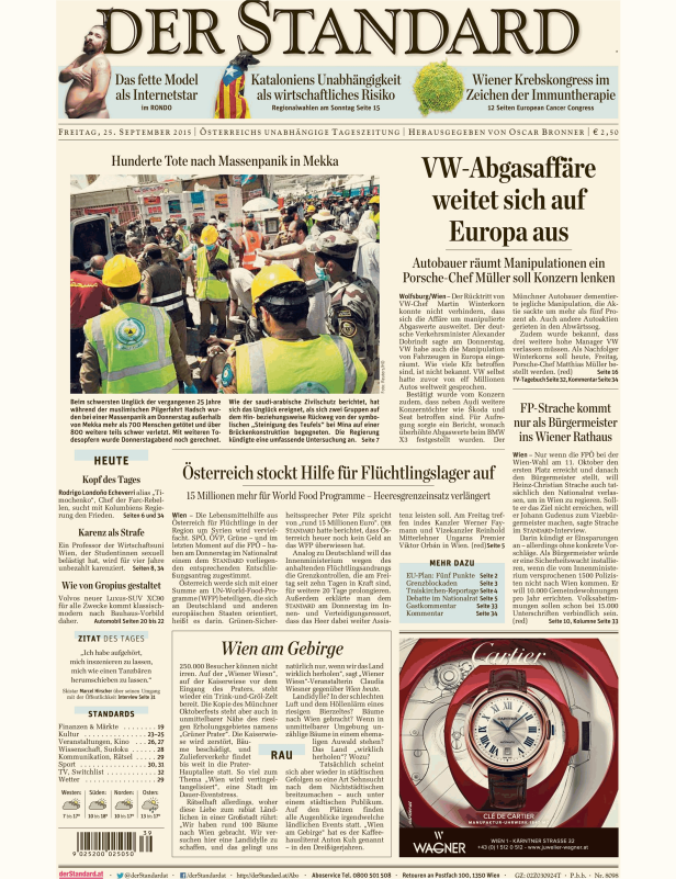 Titelseite der Zeitung Der Standard vom 25. September 2015.