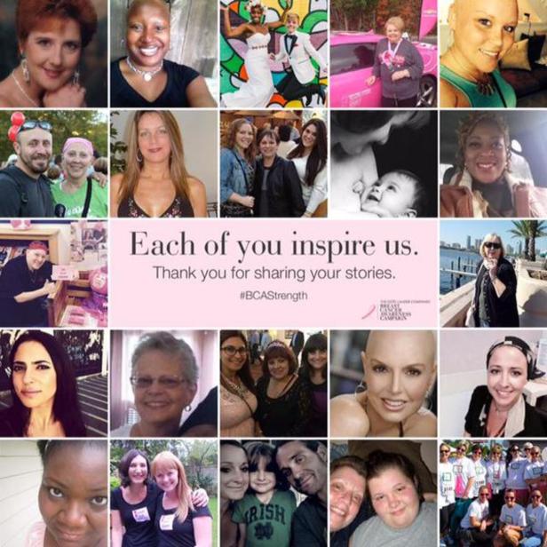 Eine Collage von Fotos, die Menschen zeigen, die von Brustkrebs betroffen sind oder ihn unterstützen.
