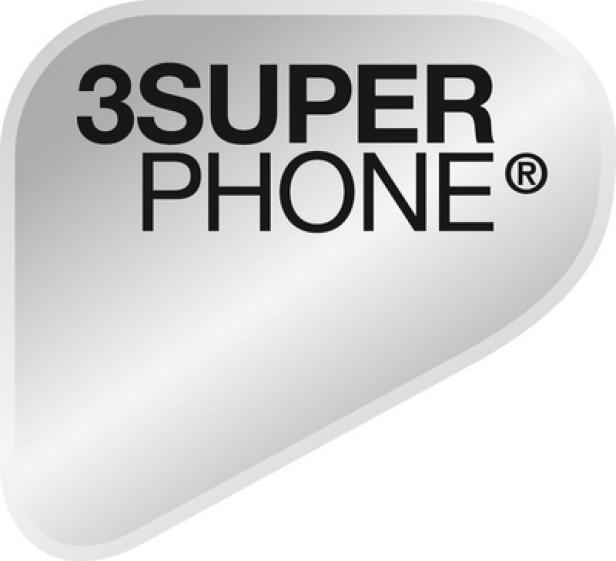Drei - Superphones-Kampagne - Gütesiegel Das Logo für „3Super Phone“ auf einem abgerundeten, silbernen Hintergrund.