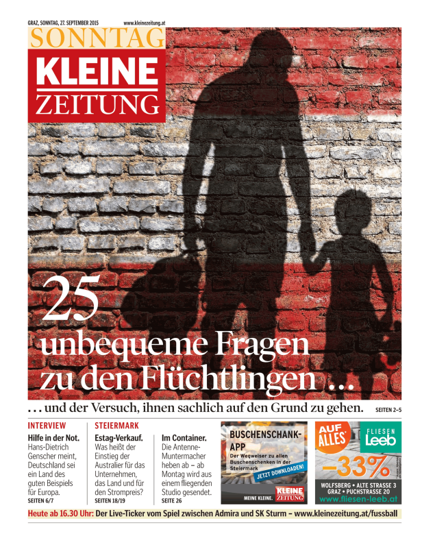 Titelseite der „Kleinen Zeitung“ vom 27. September 2015 mit dem Schatten einer Person und eines Kindes vor einer Mauer.
