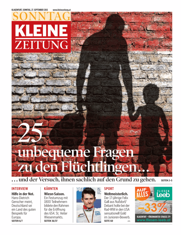 Titelseite der Kleinen Zeitung vom 27. September 2015 mit dem Thema Flüchtlinge.