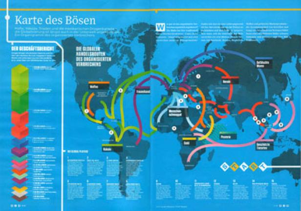 Eine Weltkarte zeigt die globalen Handelsrouten des organisierten Verbrechens.
