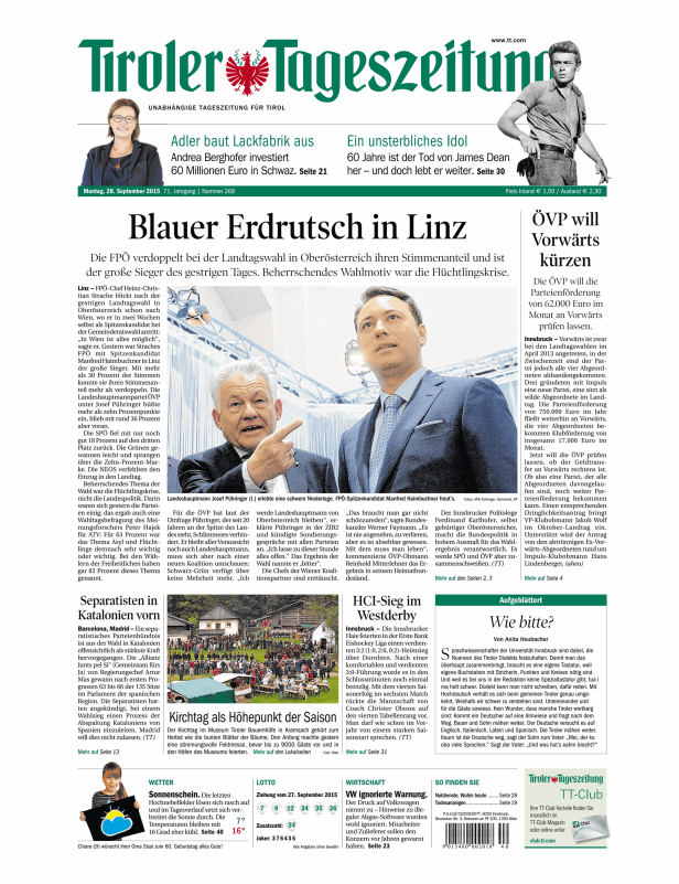 Titelseite der Tiroler Tageszeitung vom 28. September 2015.