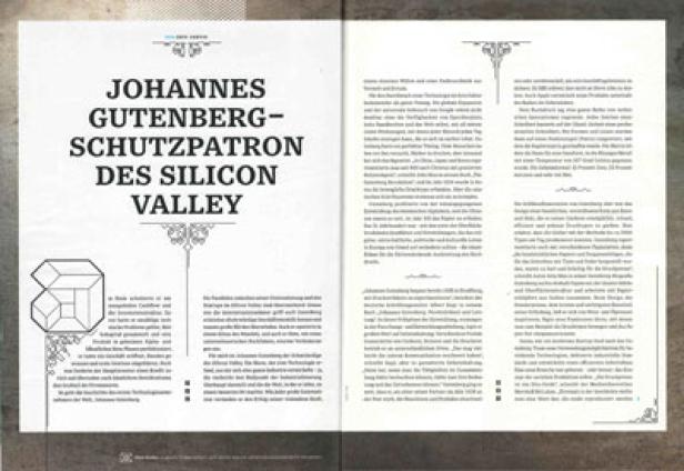 Eine geöffnete Zeitschrift mit dem Titel „Johannes Gutenberg – Schutzpatron des Silicon Valley“.