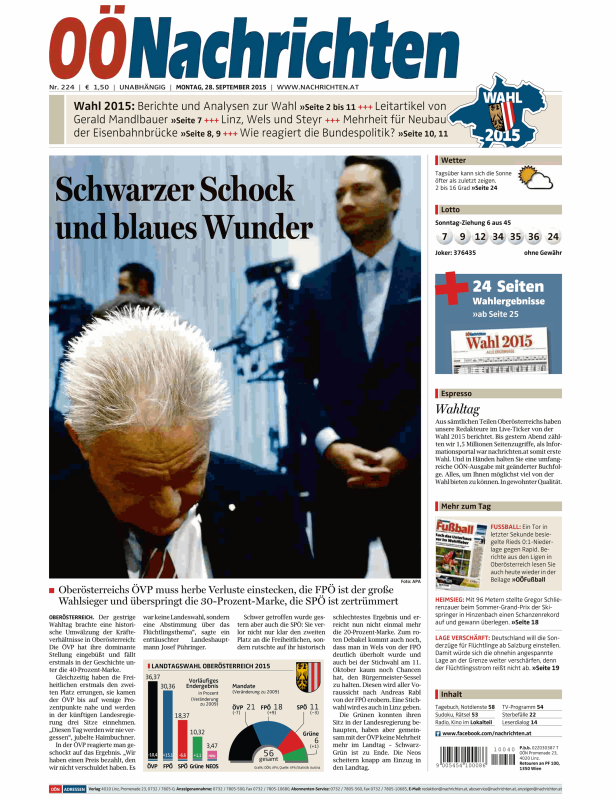 Titelseite der OÖNachrichten vom 28. September 2015 zur Landtagswahl in Oberösterreich.