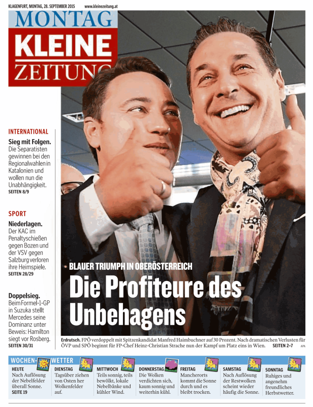 Titelseite der Kleinen Zeitung mit einem Artikel über Manfred Haimbuchner und Heinz-Christian Strache.
