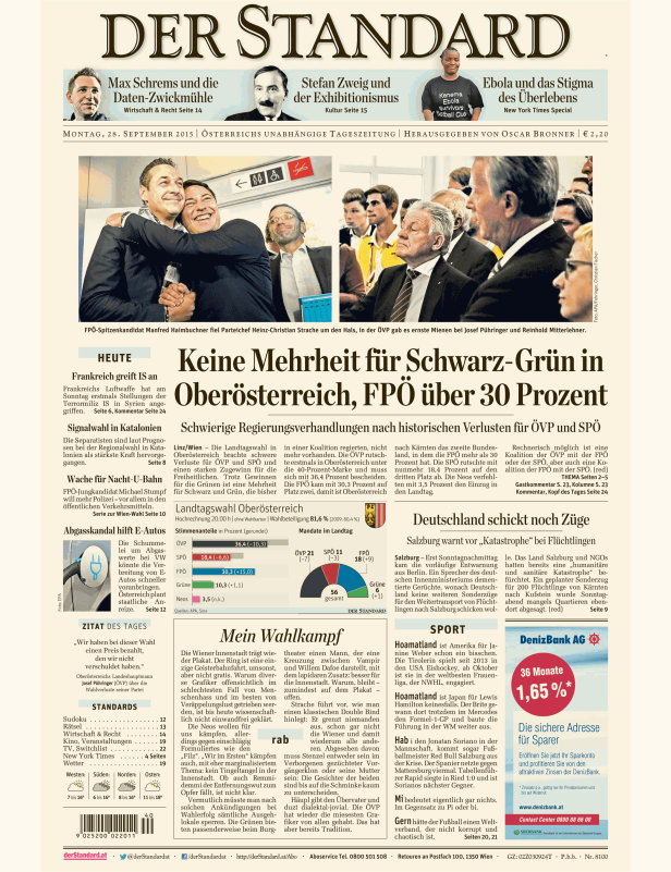 Titelseite der Zeitung „Der Standard“ vom 28. September 2015.