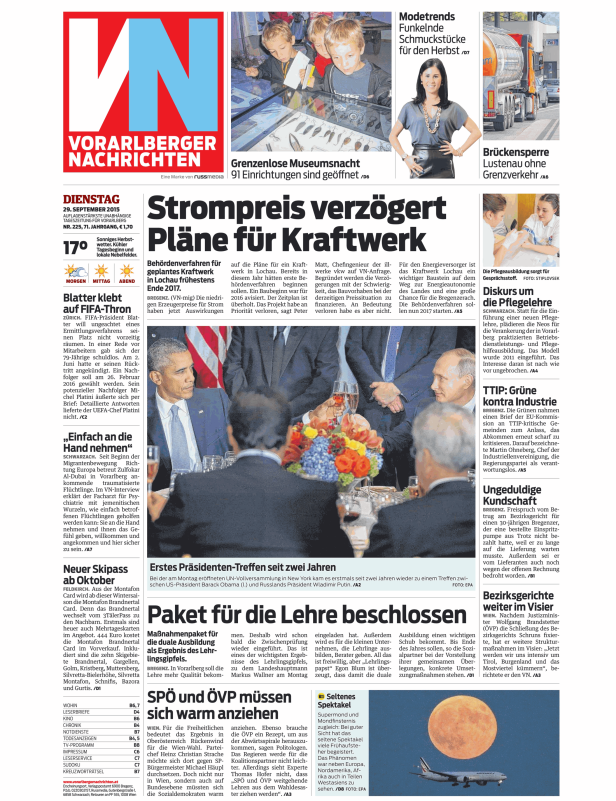 Titelseite der Vorarlberger Nachrichten vom 29. September 2015.