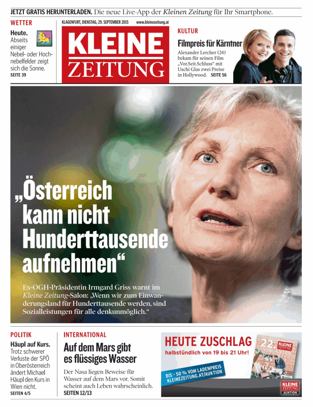 Titelseite der Kleinen Zeitung mit einem Foto von Irmgard Griss und einem Zitat zum Thema Einwanderung.