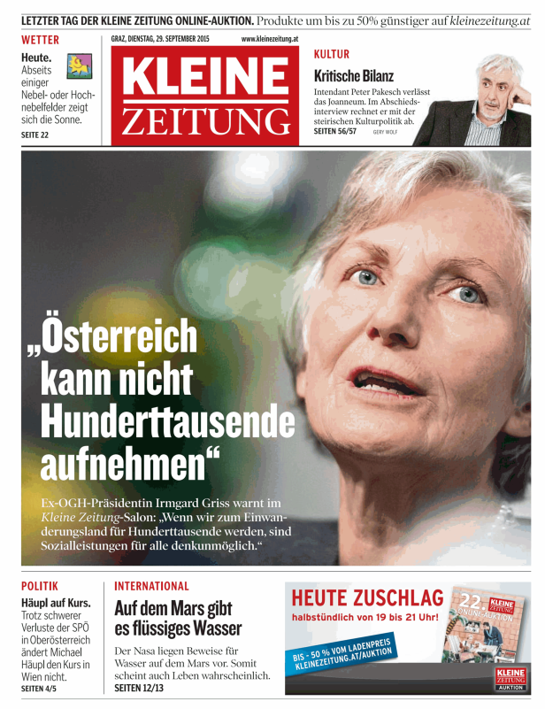 Titelseite der Kleinen Zeitung mit einem Artikel über Irmgard Griss.