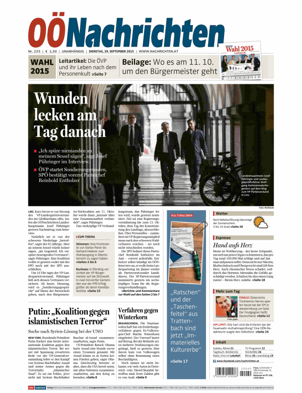 Titelseite der OÖNachrichten vom 29. September 2015 mit Artikeln zur Landtagswahl und Putin.