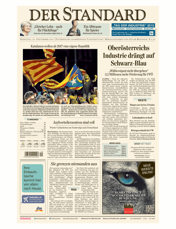 Titelseite der Zeitung „Der Standard“ vom 29. September 2015.
