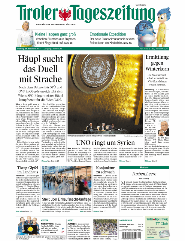 Titelseite der Tiroler Tageszeitung vom 29. September 2015.