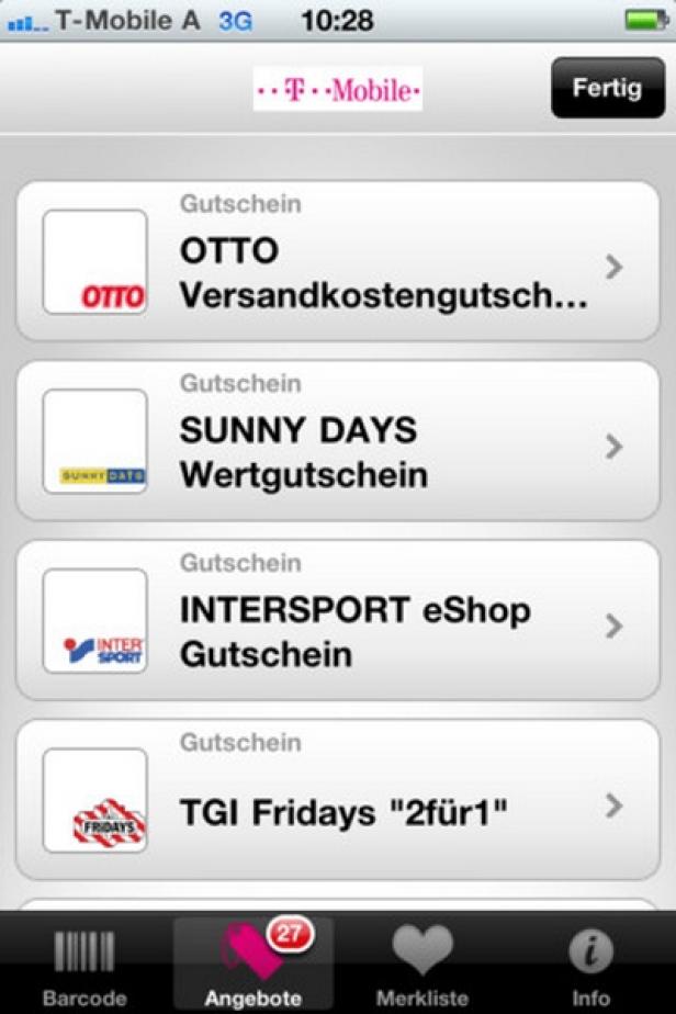 Ein Screenshot einer T-Mobile-App mit Gutscheinen für Otto, Sunny Days, Intersport und TGI Fridays.