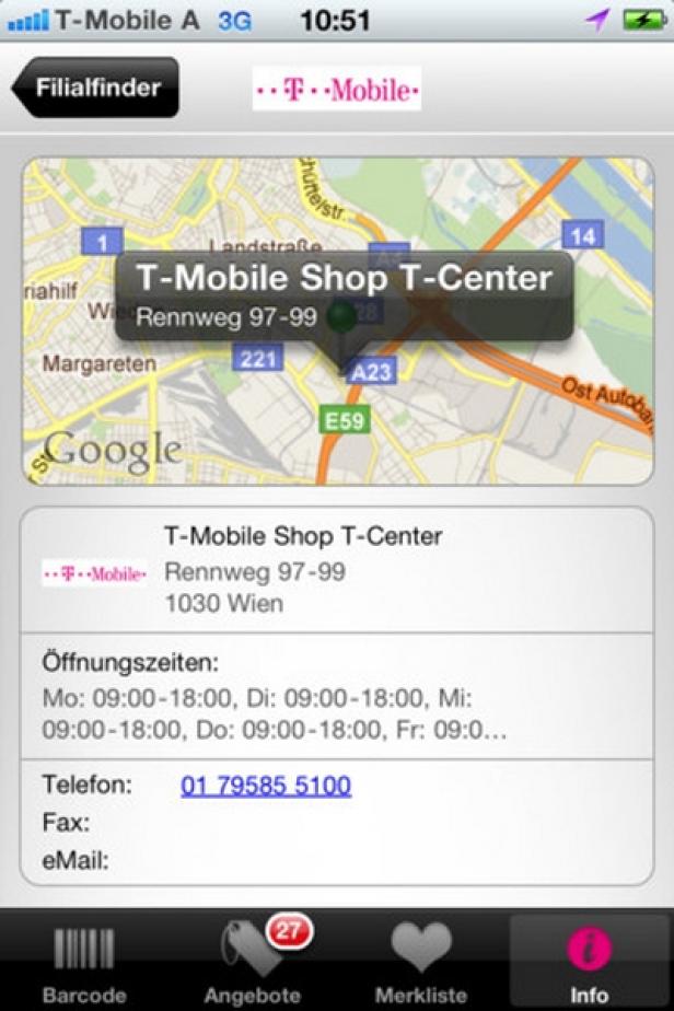 Ein Screenshot der T-Mobile Filialfinder-App mit Informationen zum T-Mobile Shop T-Center in Wien.